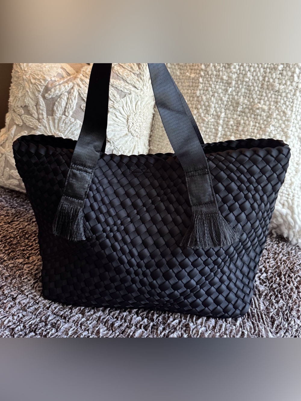 LIKE NEW, BC Bags Black Woven Tote with crossbody strap included.